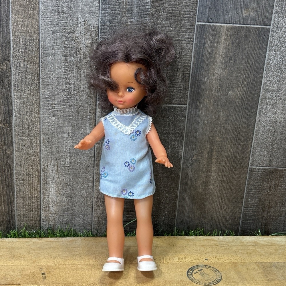 Vintage 1960s 70s Hong Kong Fashion Doll Brunette Blue Floral Mod Dress